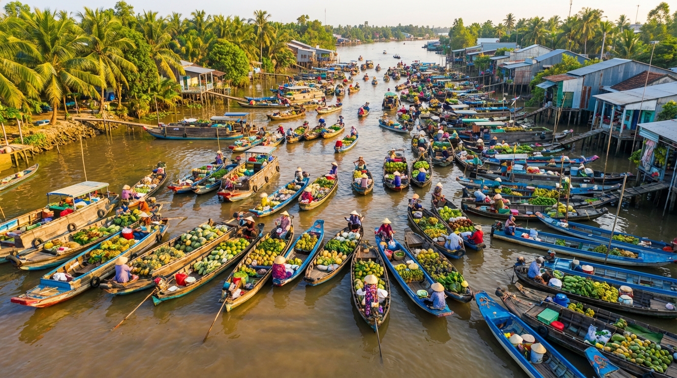 Chợ nổi Châu Đốc với những chiếc ghe chở đầy trái cây trên sông Hậu vào buổi sáng sớm
