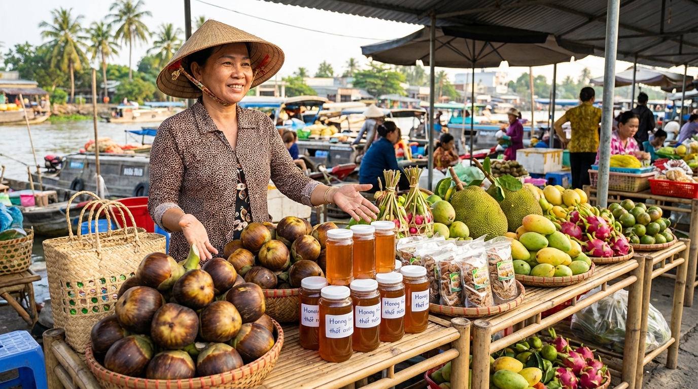 Gian hàng bán đặc sản địa phương với thốt nốt, mật ong rừng và trái cây