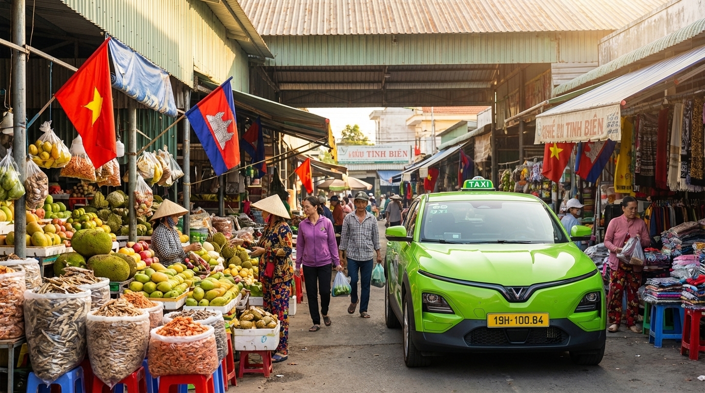 Taxi VinFast VF6 màu xanh cốm đậu gần cổng chợ Tịnh Biên với gian hàng trái cây và hàng hóa biên giới