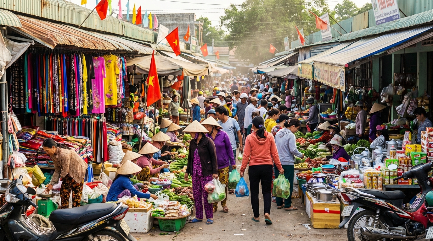 Chợ Tịnh Biên nhộn nhịp với các gian hàng bán nhiều mặt hàng đa dạng