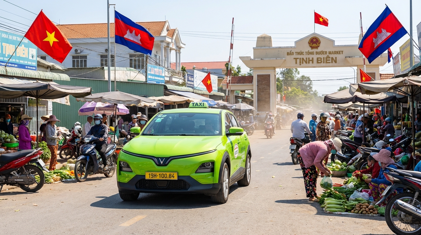 Taxi VinFast VF6 màu xanh cốm đậu gần chợ Tịnh Biên với cờ Việt Nam và Campuchia