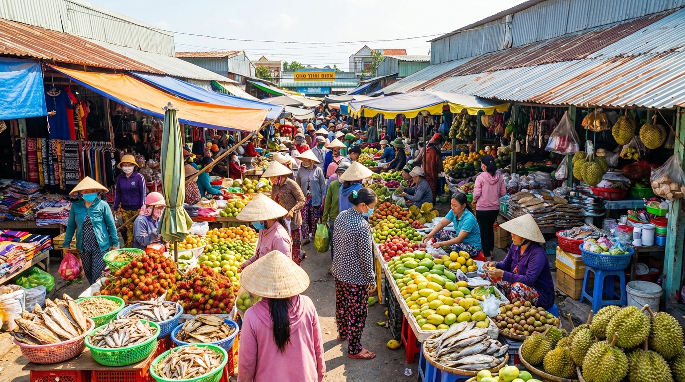 Chợ Tịnh Biên nhộn nhịp với các gian hàng đặc sản biên giới đầy màu sắc