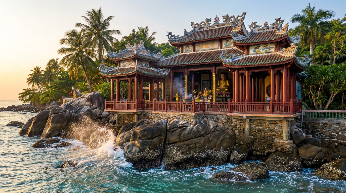 Chùa Phù Dung Hà Tiên với kiến trúc đẹp bên bờ biển