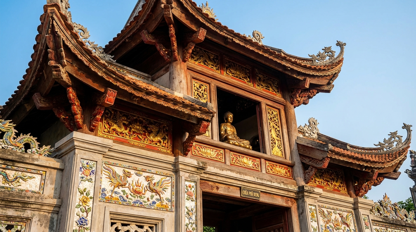 Chi tiết kiến trúc chùa Phù Dung với tượng Phật và trang trí tinh xảo