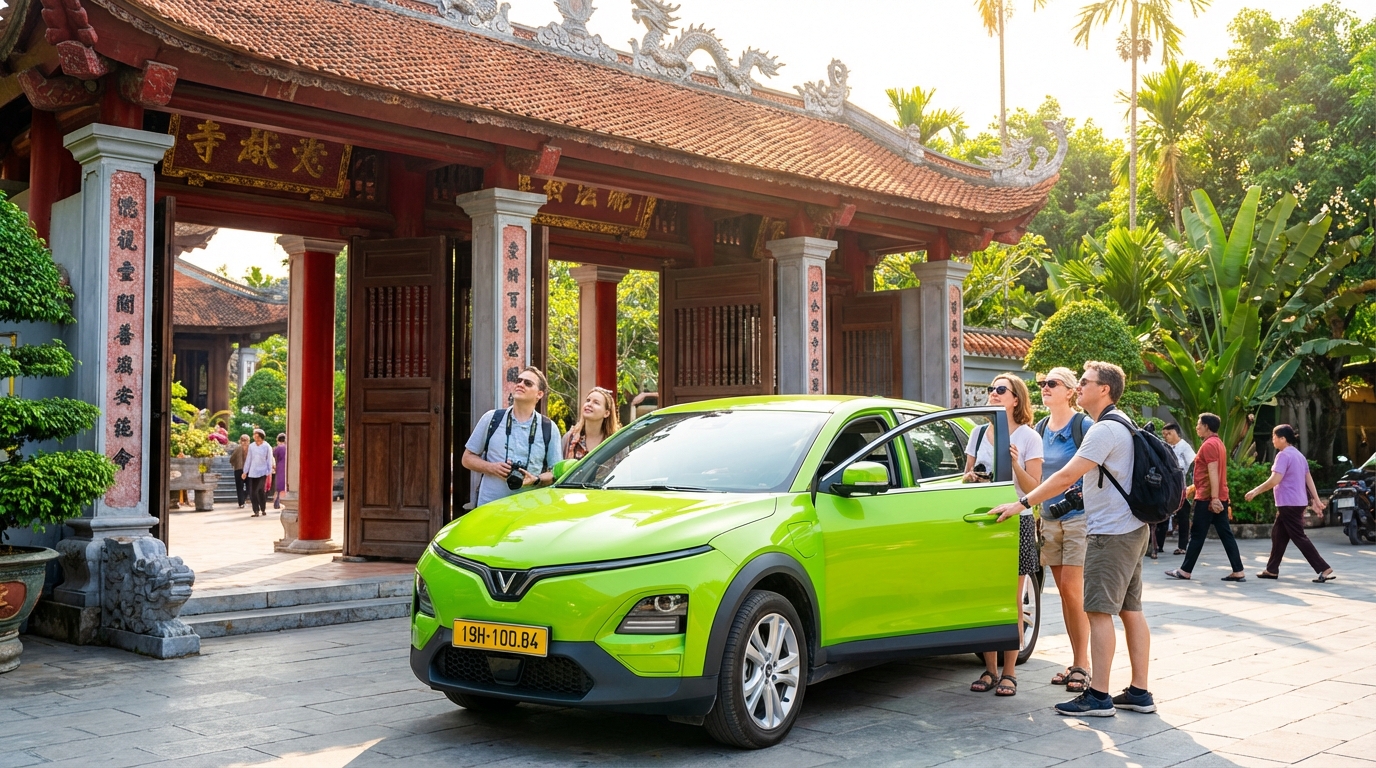 Taxi VinFast VF6 đưa du khách đến tham quan Chùa Sắc Tứ Tam Bảo