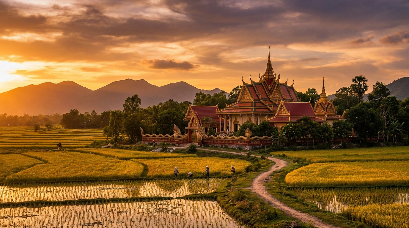 Chùa Tà Pạ với kiến trúc Khmer truyền thống giữa cánh đồng lúa chín và núi non An Giang