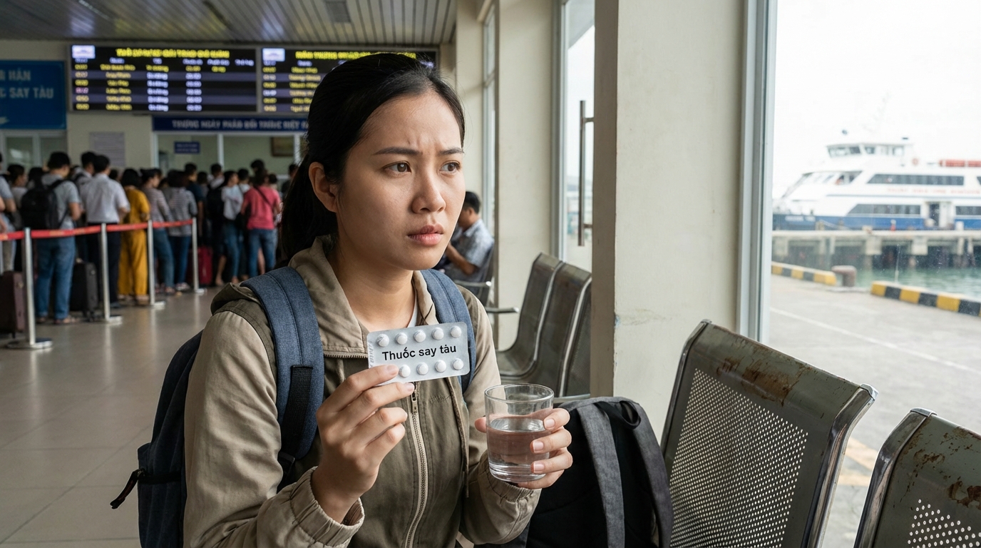 Người phụ nữ đang uống thuốc say tàu trước khi lên tàu