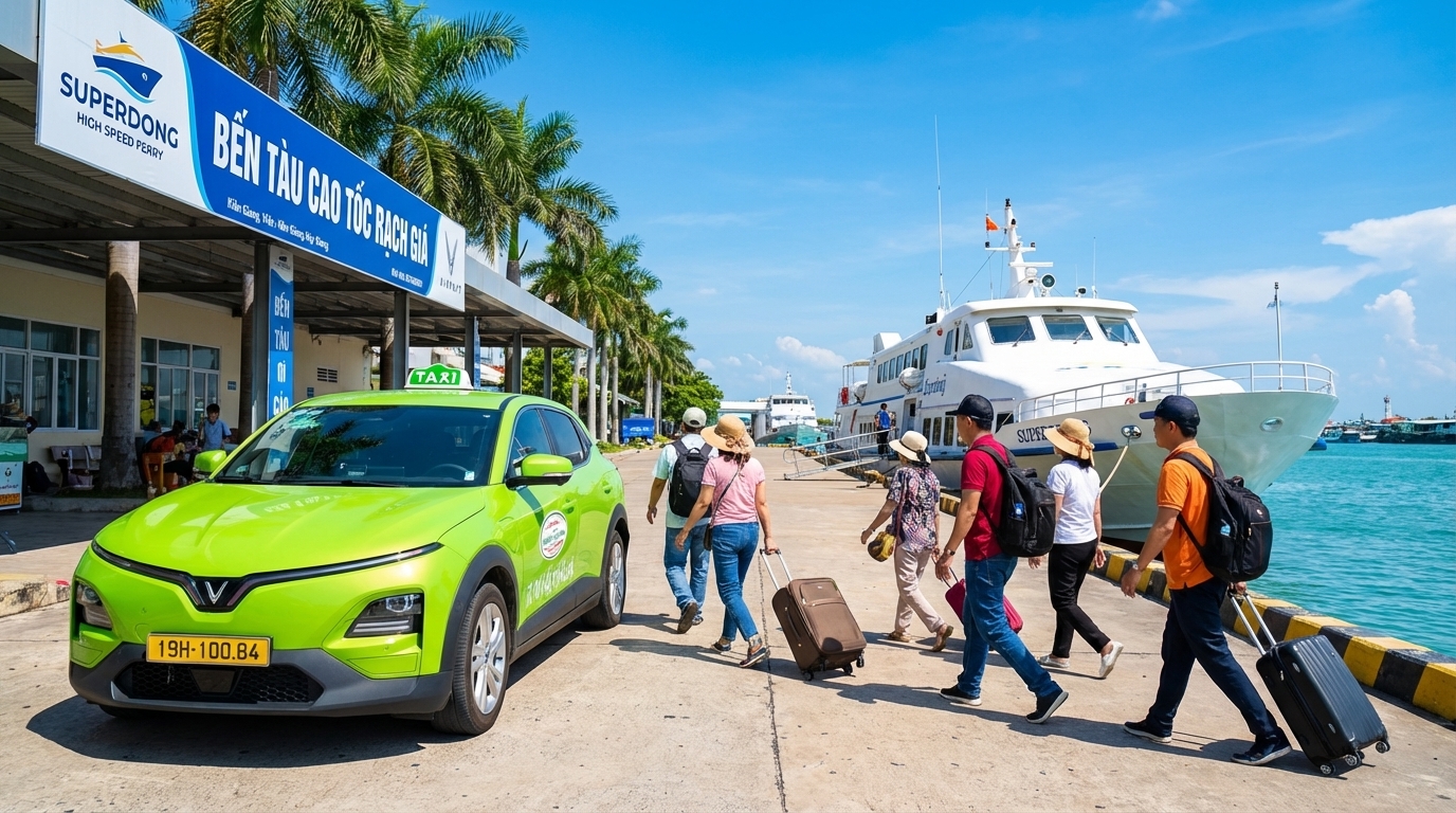 Taxi VinFast VF6 xanh cốm đậu tại bến tàu cao tốc Rạch Giá, tàu đi Phú Quốc phía sau
