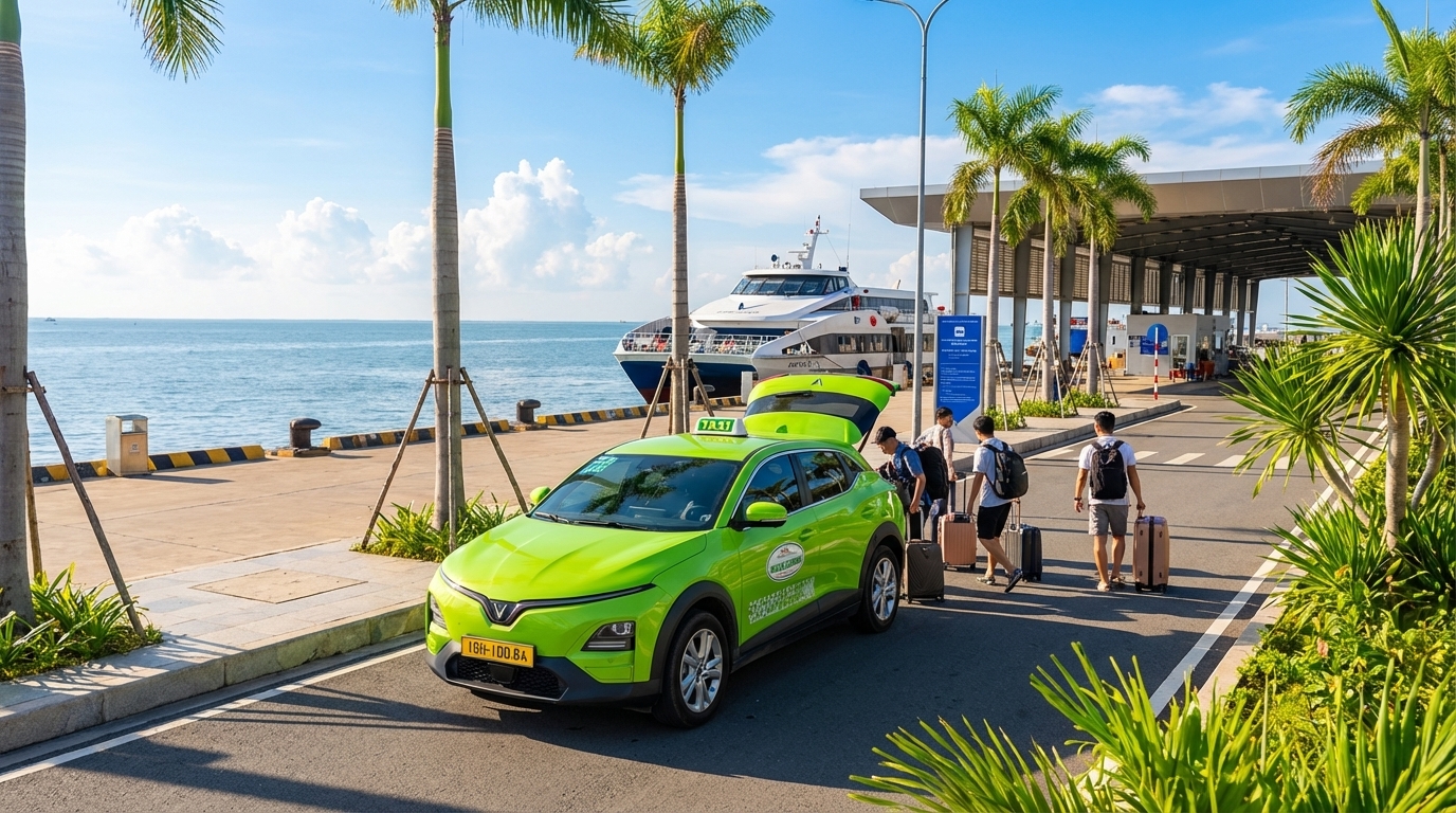 Taxi VinFast VF6 xanh cốm đậu trước bến tàu Rạch Giá, tàu cao tốc đi Phú Quốc phía sau