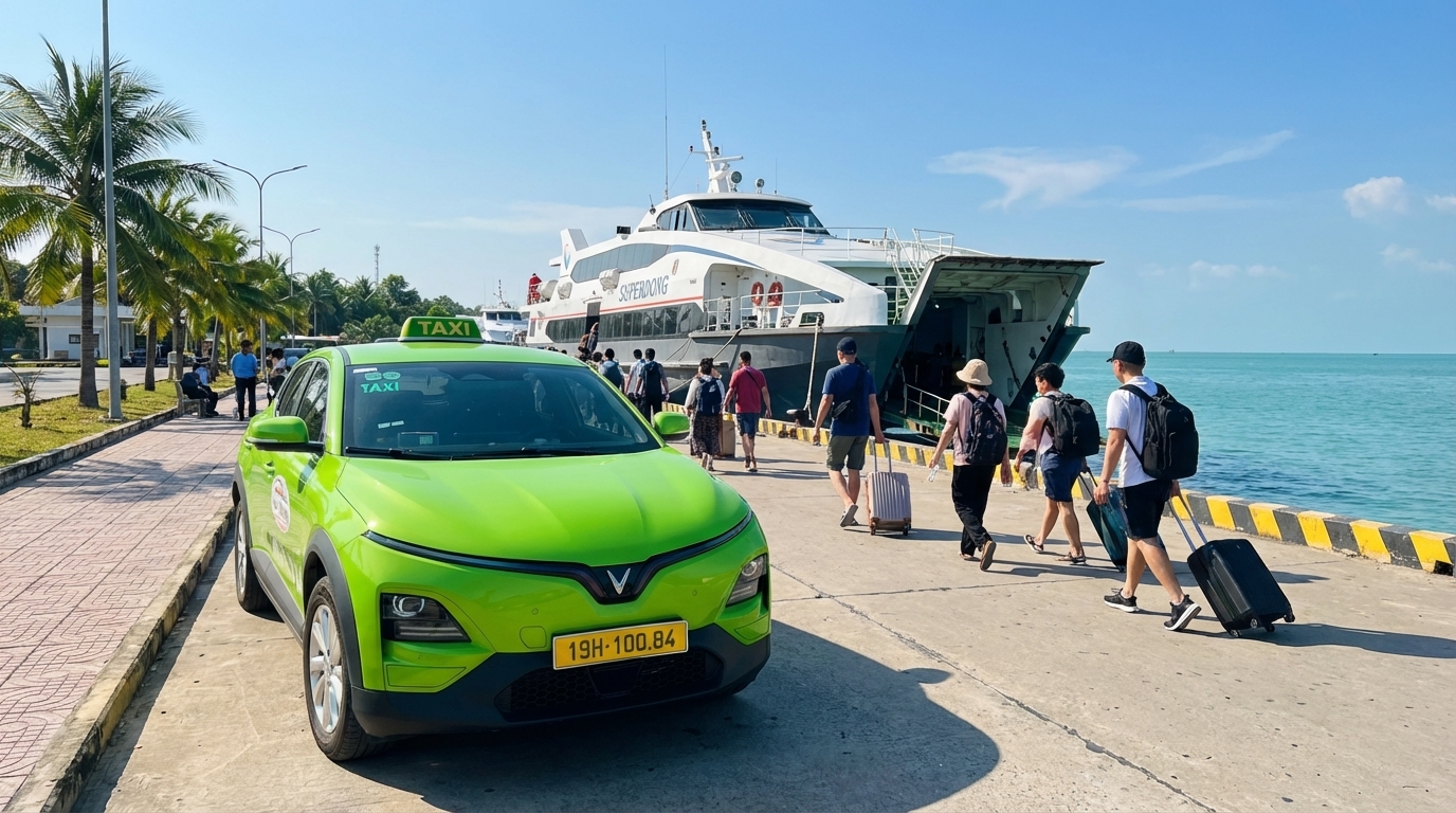 Taxi VinFast VF6 đậu tại bến tàu Hà Tiên với tàu cao tốc chuẩn bị khởi hành