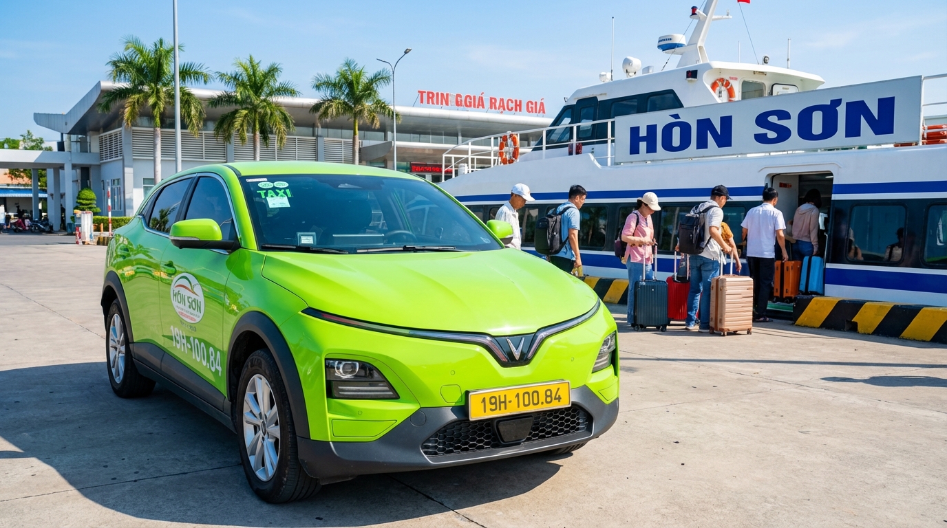 Taxi VinFast VF6 đậu ở bến tàu Rạch Giá, tàu đi Hòn Sơn phía sau