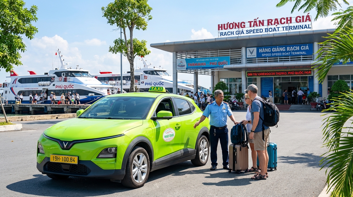 Taxi VinFast VF6 xanh cốm đậu trước bến tàu Rạch Giá, hành khách chuẩn bị lên tàu đi Phú Quốc