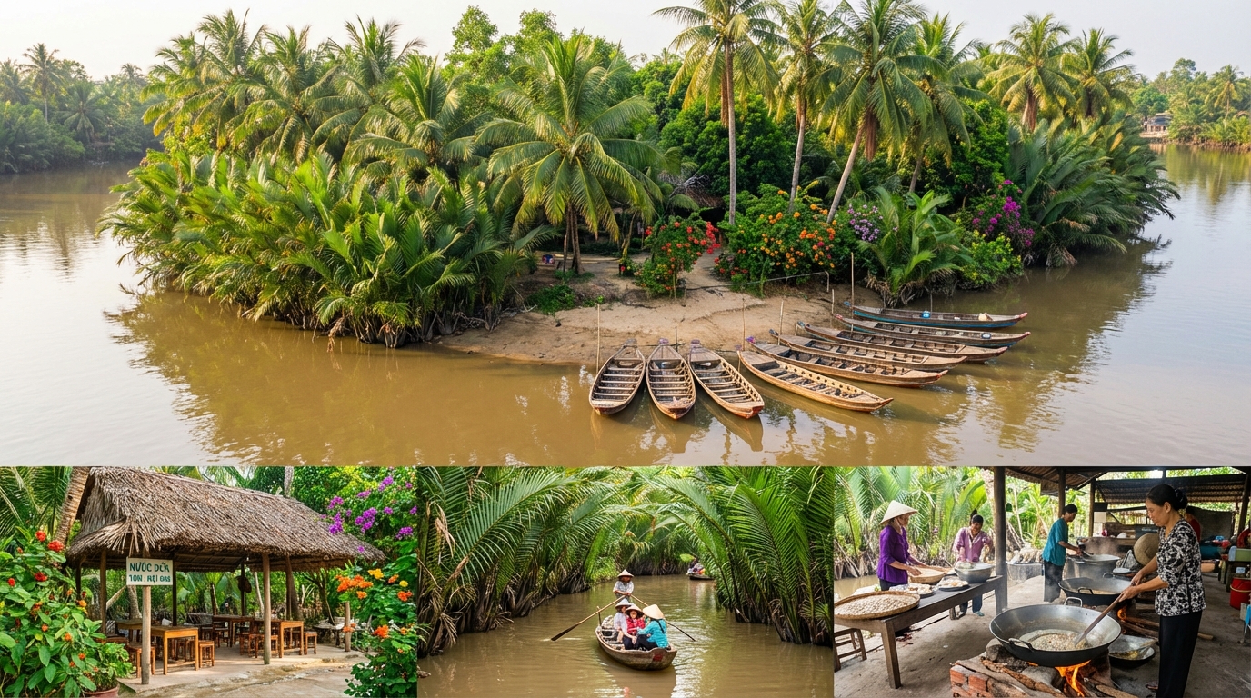 Cồn Phụng Bến Tre với hàng dừa xanh và xuồng ba lá trên sông Mekong