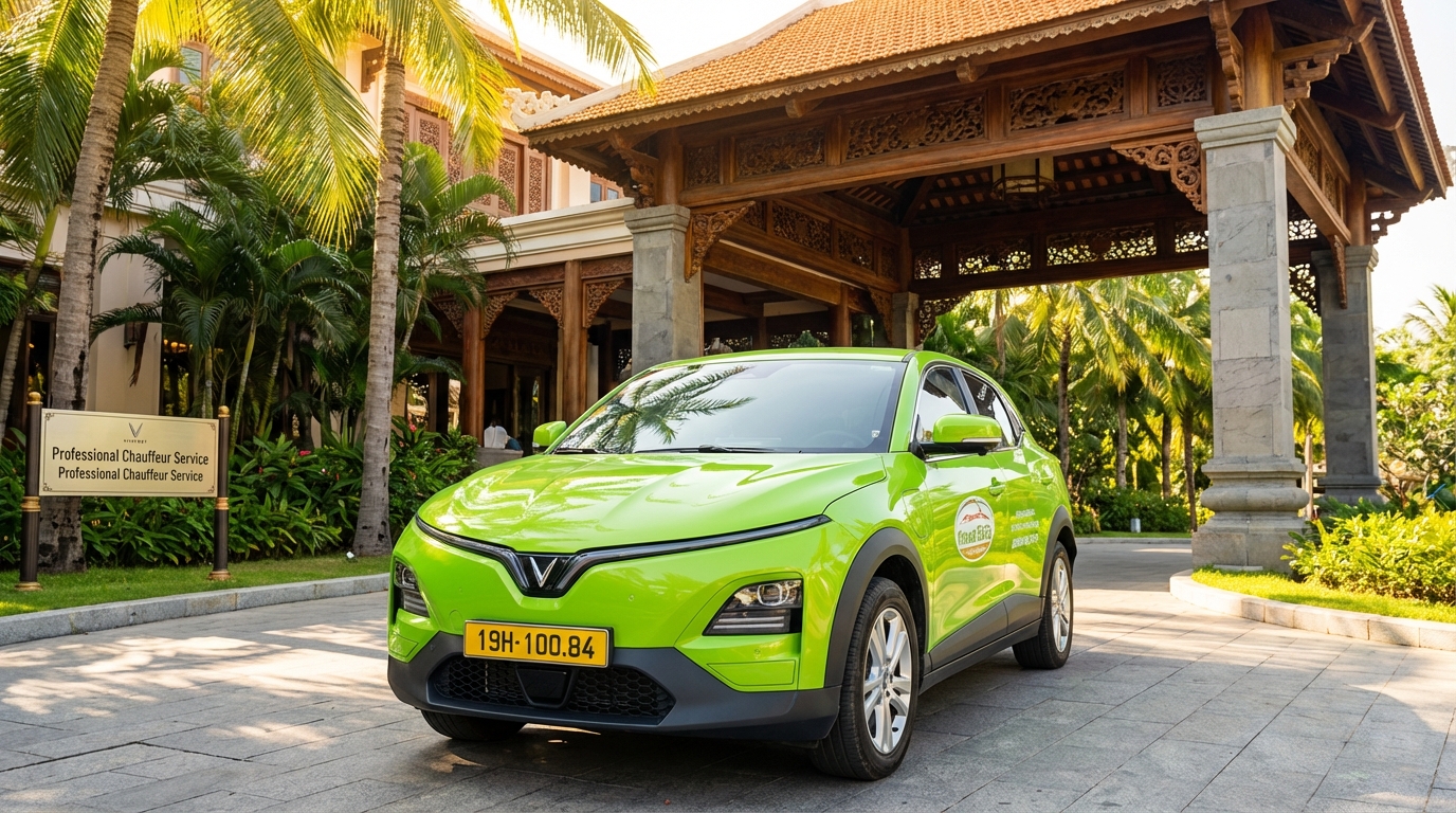 Taxi VinFast VF6 chờ đón khách tại khách sạn Châu Đốc