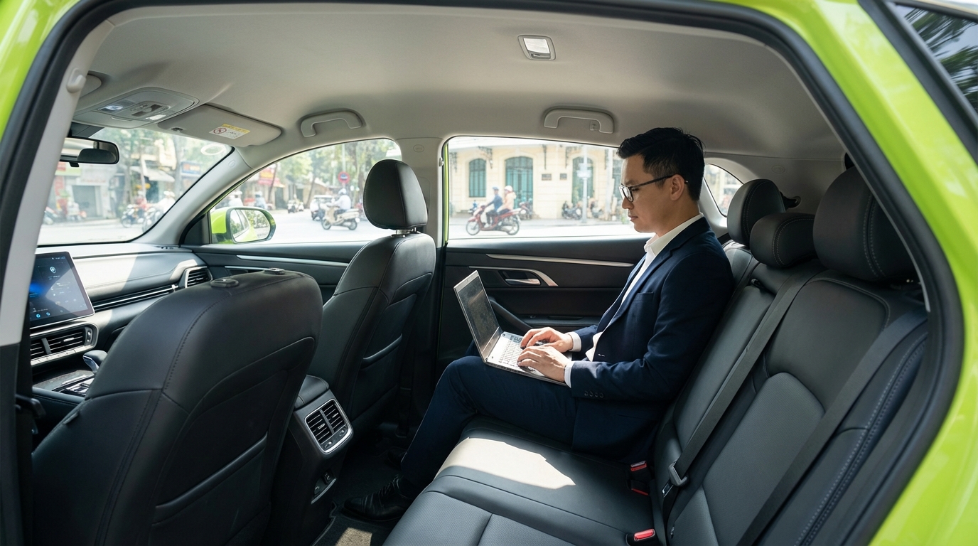 Nội thất xe taxi sạch sẽ, khách công tác có thể làm việc trên laptop