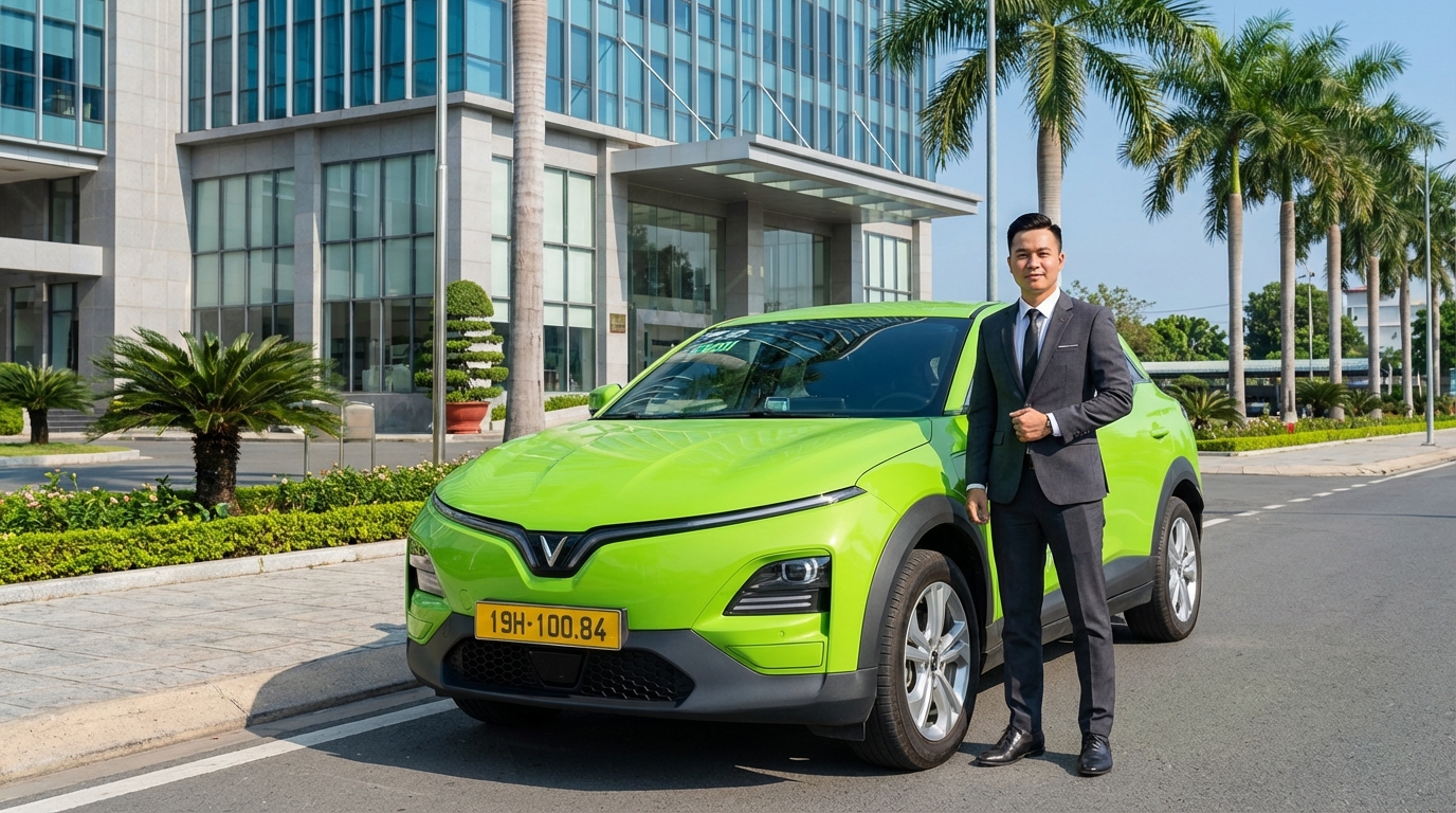 Doanh nhân bên cạnh taxi VinFast VF6 sẵn sàng công tác tại Rạch Giá