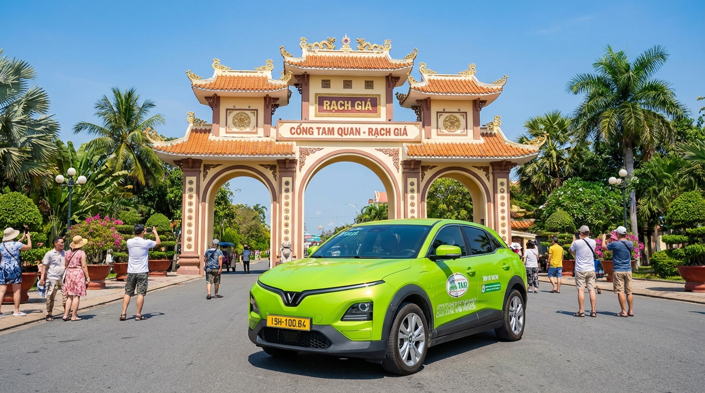 Taxi VinFast VF6 đưa du khách đến check-in tại Cổng Tam Quan