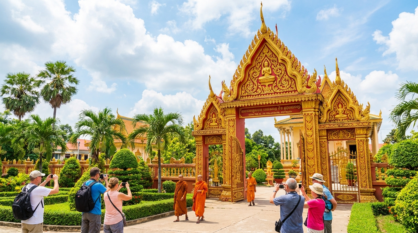 Cổng Trời Tri Tôn với kiến trúc Khmer vàng rực trên nền trời xanh, du khách chụp ảnh