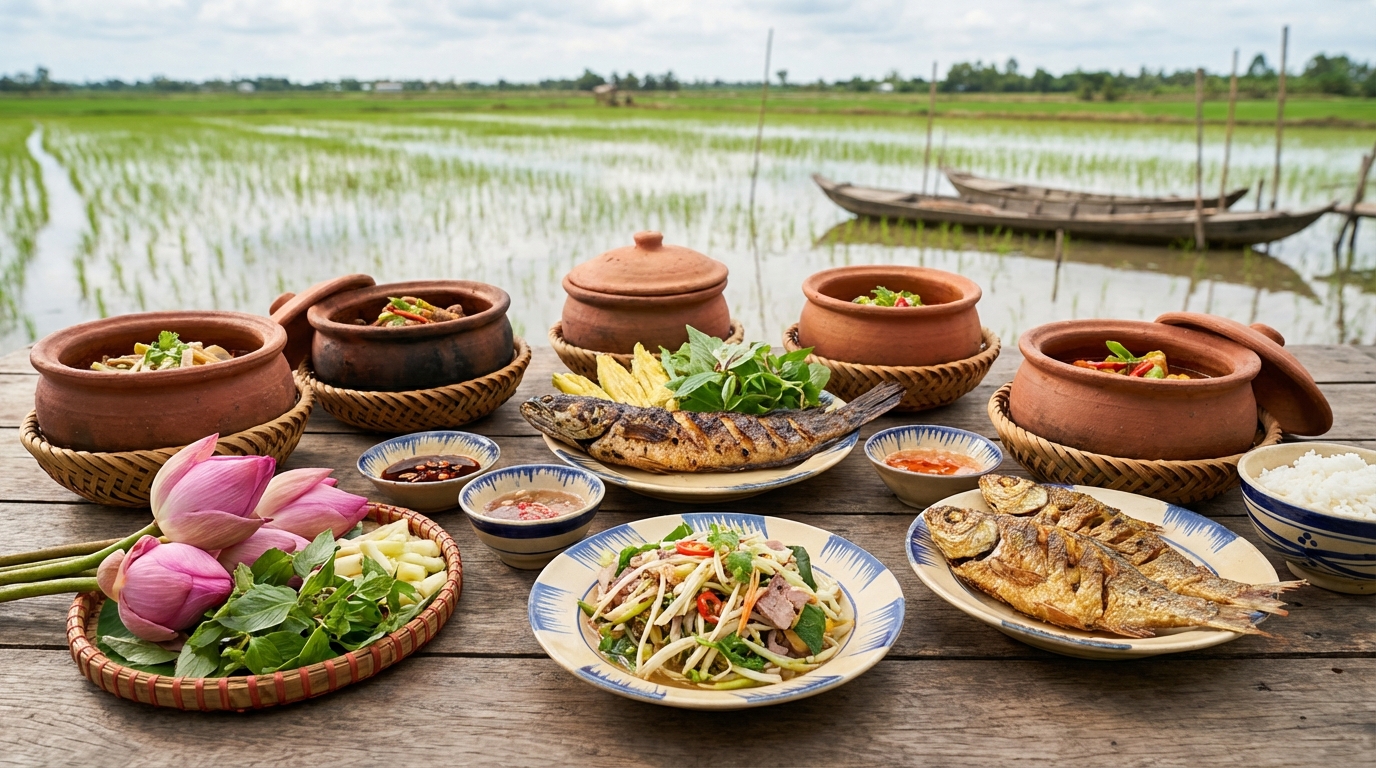 Bàn tiệc đặc sản mùa nước nổi An Giang với cá linh, bông điên điển và rau đồng