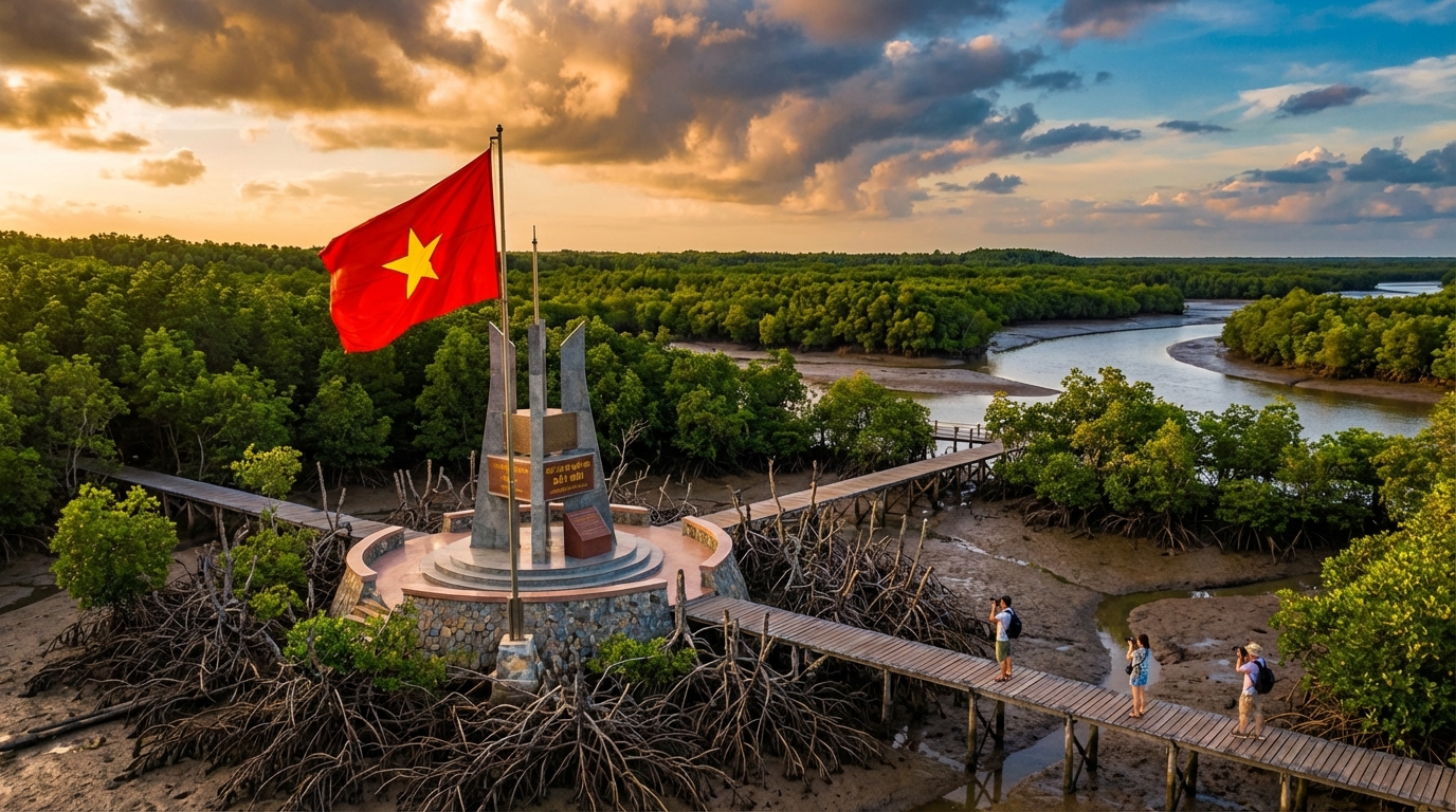 Mốc tọa độ quốc gia Đất Mũi Cà Mau với cờ Việt Nam tung bay
