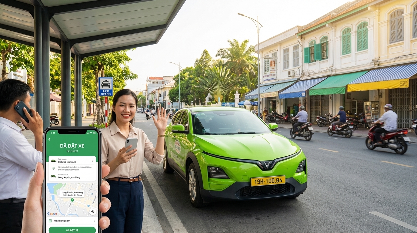 Khách hàng vẫy taxi VinFast VF6 xanh cốm tại điểm đón ở Long Xuyên