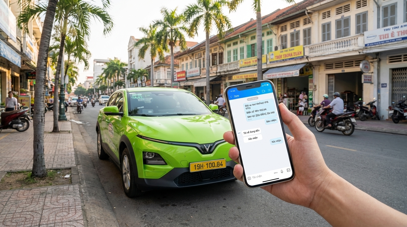Khách hàng đặt taxi qua điện thoại, xe VinFast VF6 xanh cốm chờ sẵn tại Long Xuyên