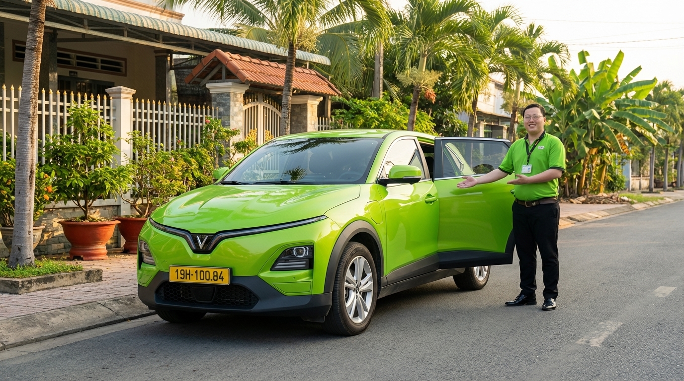 Tài xế taxi VinFast VF6 đón khách tận nhà tại Long Xuyên