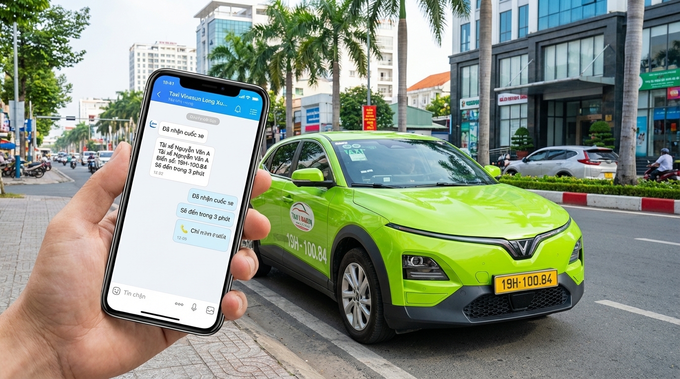 Đặt taxi online qua Zalo với xe VinFast VF6 xanh cốm tại Long Xuyên