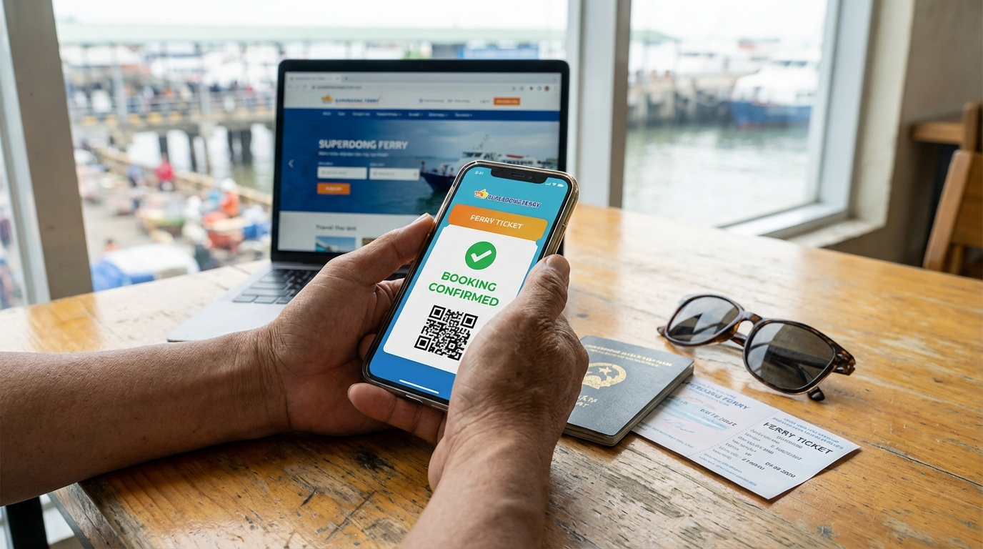 Người dùng điện thoại đặt vé tàu cao tốc Phú Quốc online với vé và hộ chiếu bên cạnh