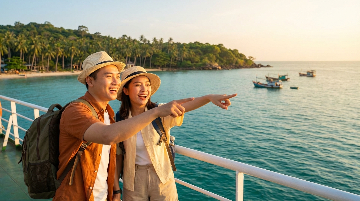 Cặp đôi vui vẻ trên tàu nhìn thấy đảo Phú Quốc hiện ra với biển xanh ngọc