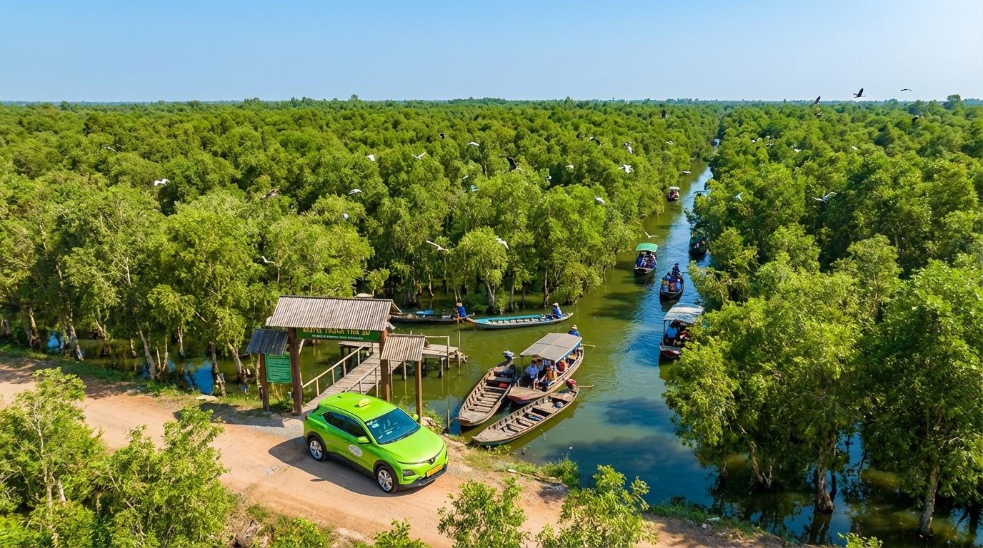 Taxi VinFast VF6 tại cổng khu du lịch rừng tràm Trà Sư, An Giang