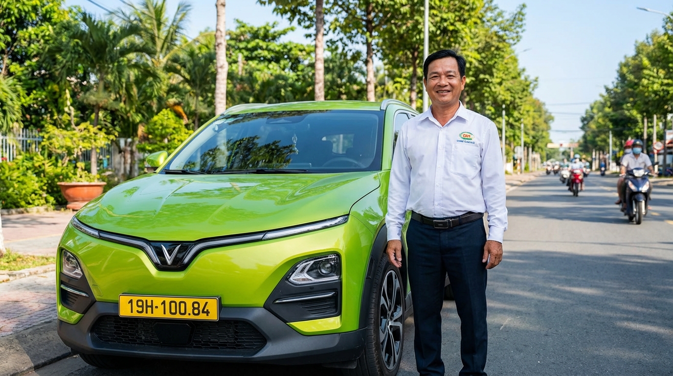 Tài xế taxi chuyên nghiệp bên xe VinFast VF6 màu xanh cốm tại Long Xuyên