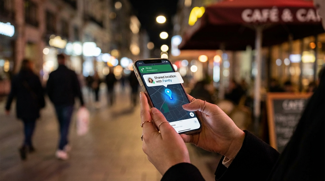 Phụ nữ đang chia sẻ vị trí trên điện thoại khi chuẩn bị lên taxi