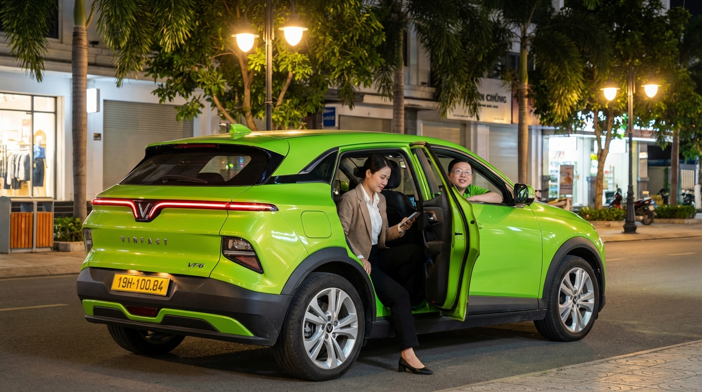 Phụ nữ an toàn lên taxi điện VinFast VF6 vào ban đêm tại Long Xuyên