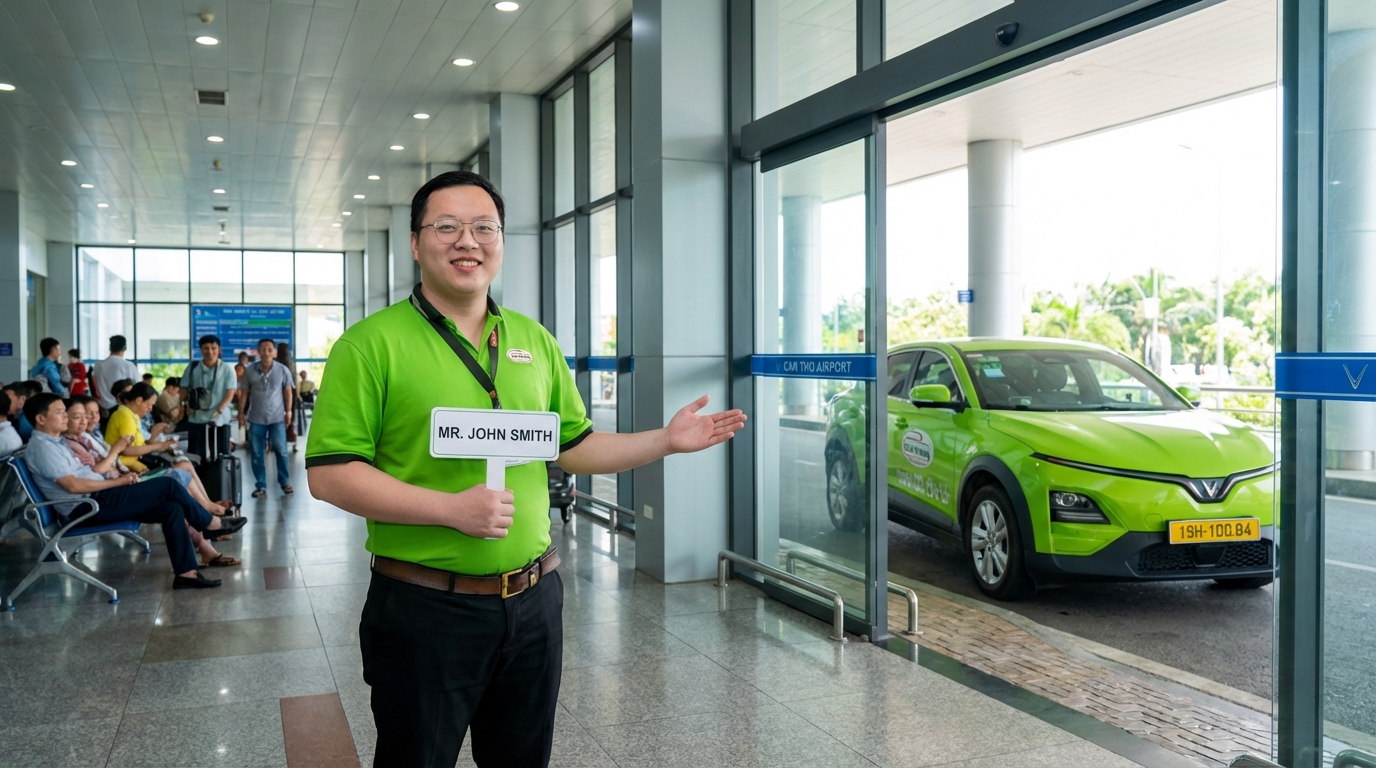 Tài xế chuyên nghiệp cầm bảng tên đón khách tại cổng sân bay