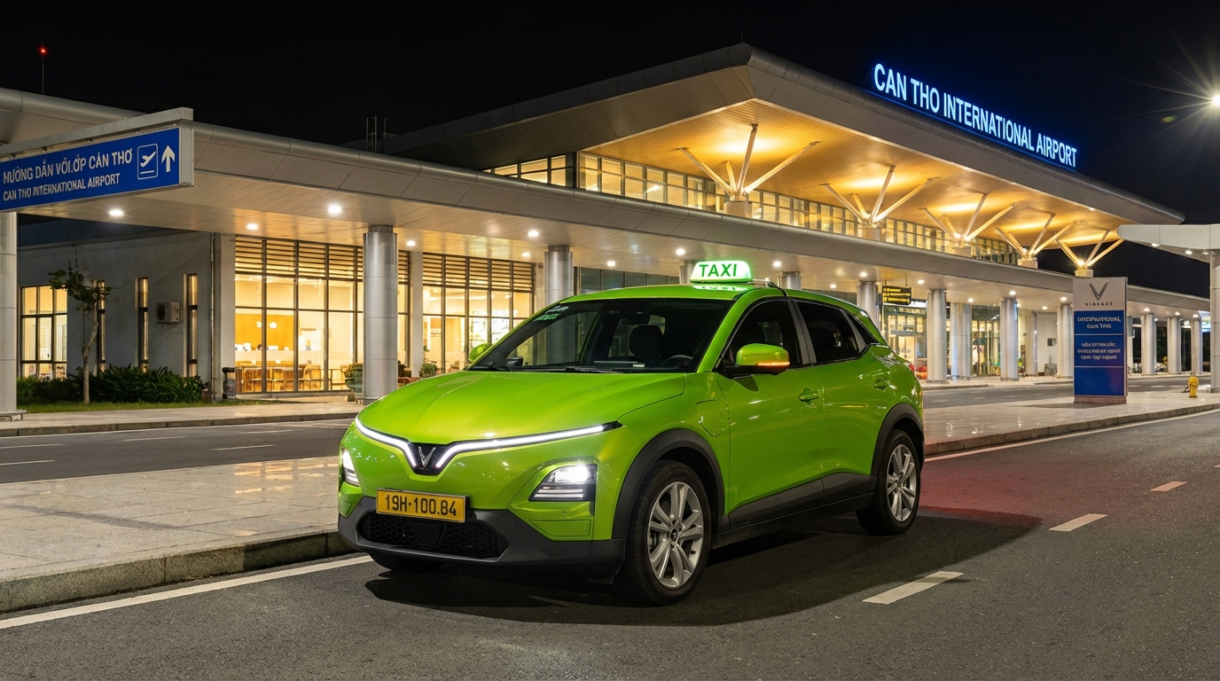Taxi điện VinFast đón khách tại sân bay Cần Thơ buổi tối