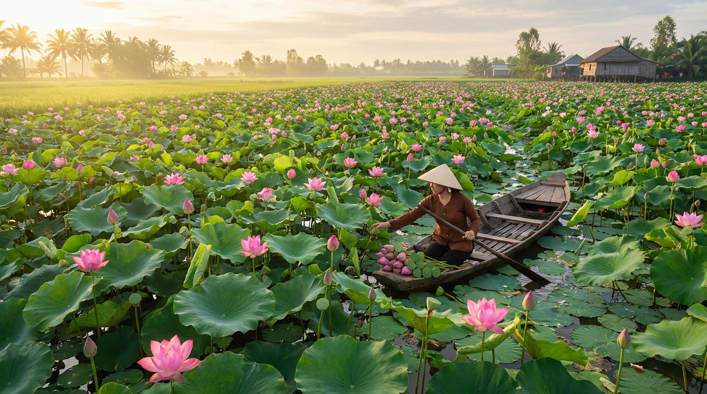 Đồng sen bát ngát tại Đồng Tháp với hoa sen hồng nở rộ và người phụ nữ hái sen trên xuồng