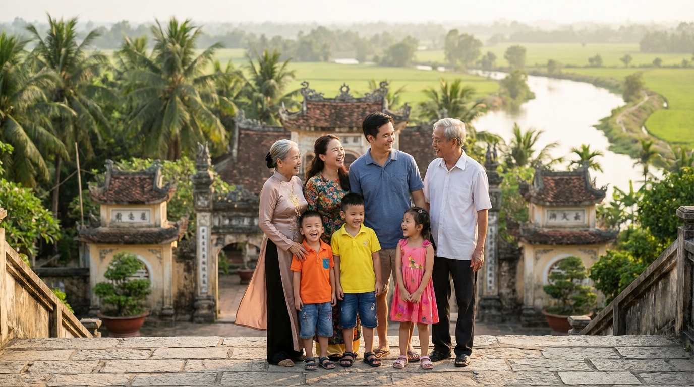 Gia đình ba thế hệ vui vẻ du lịch An Giang với ông bà, ba mẹ và con cháu