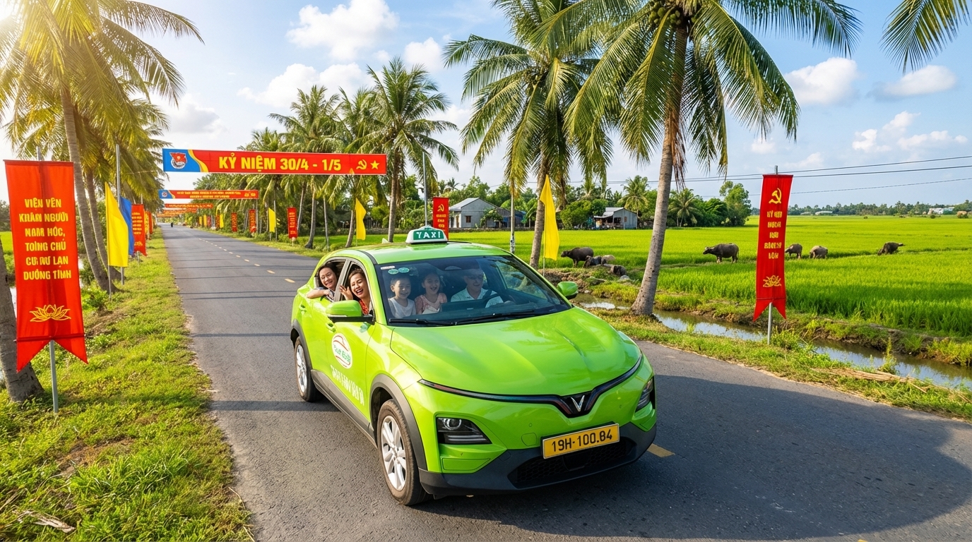 Taxi VinFast VF6 màu xanh cốm trên đường đi du lịch 30/4 - 1/5 qua cảnh đồng bằng sông Cửu Long