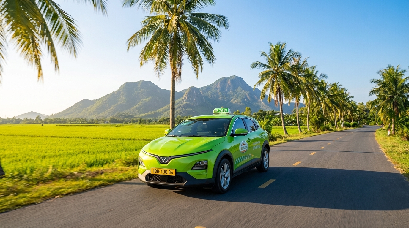 Taxi điện VinFast VF6 màu xanh cốm trên đường du lịch An Giang với cánh đồng lúa và núi Thất Sơn
