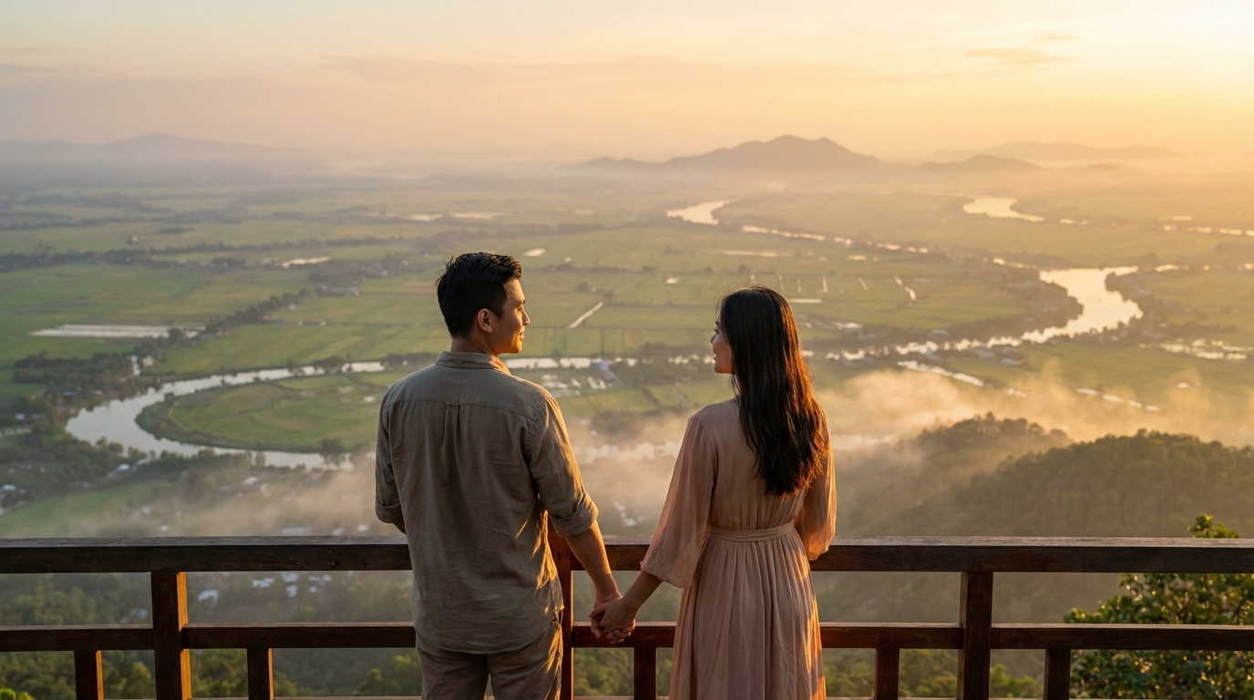 Cặp đôi ngắm hoàng hôn trên đỉnh Núi Cấm An Giang