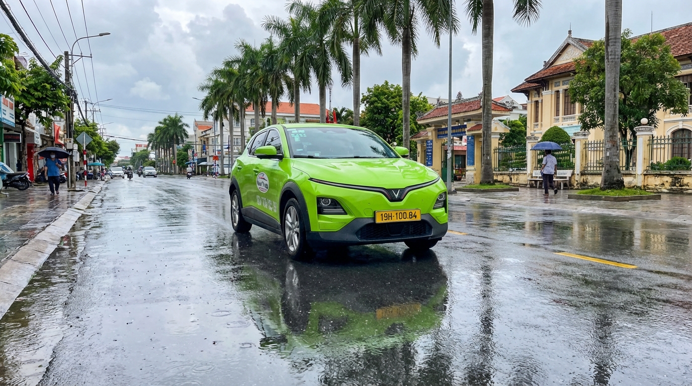 Taxi VinFast VF6 di chuyển an toàn trên đường Long Xuyên sau mưa