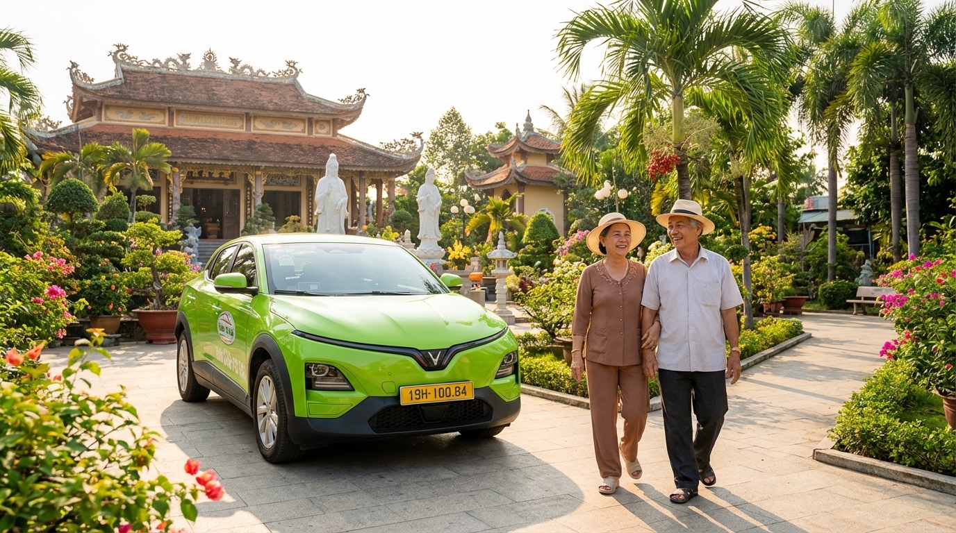 Cặp vợ chồng cao tuổi vui vẻ du lịch An Giang bằng taxi