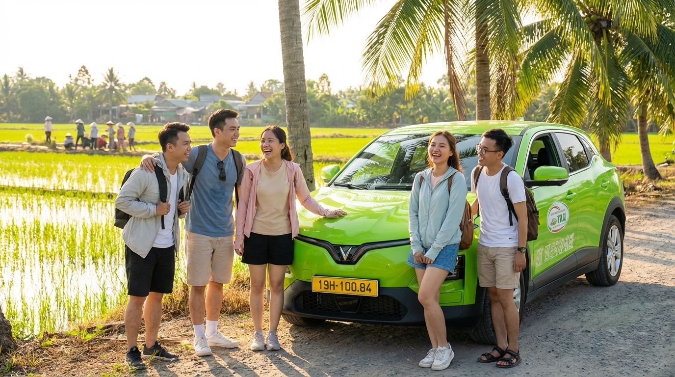 Nhóm bạn trẻ vui vẻ du lịch An Giang bên taxi VinFast VF6