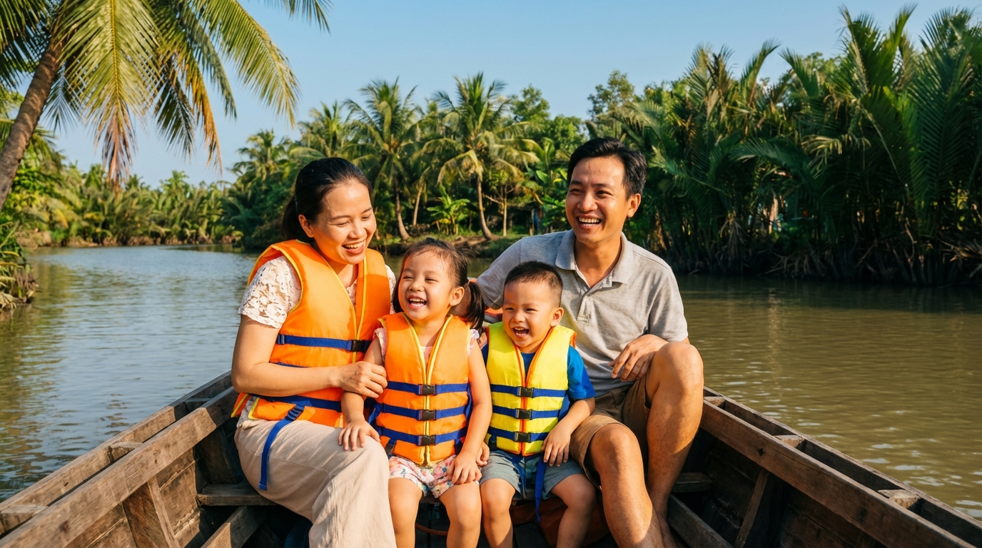 Gia đình Việt Nam vui vẻ cùng trẻ nhỏ đi thuyền trên sông An Giang