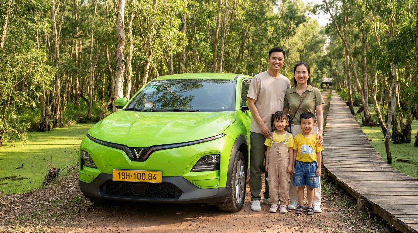 Gia đình với trẻ nhỏ vui vẻ du lịch An Giang bằng taxi VinFast