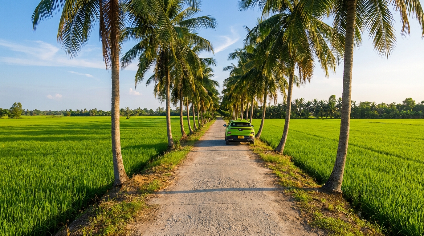 Con đường quê yên bình ở An Giang với ruộng lúa xanh mướt và xe taxi đỗ xa