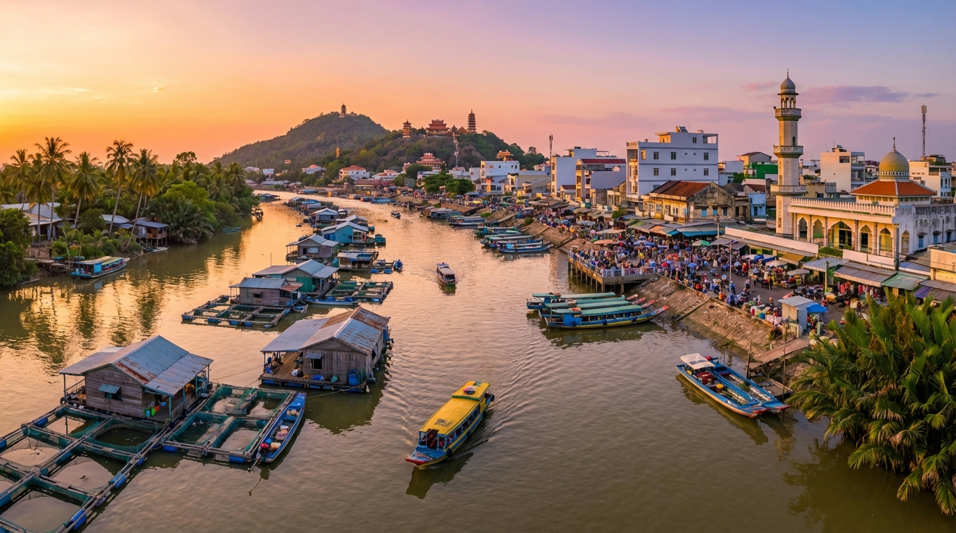 Toàn cảnh thành phố Châu Đốc An Giang với sông Hậu, Núi Sam và làng bè cá