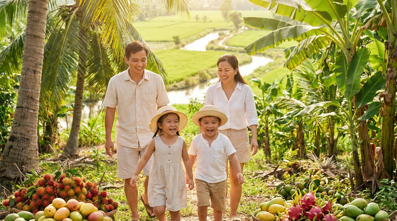 Gia đình vui vẻ cùng con nhỏ du lịch miền Tây với vườn trái cây và sông nước