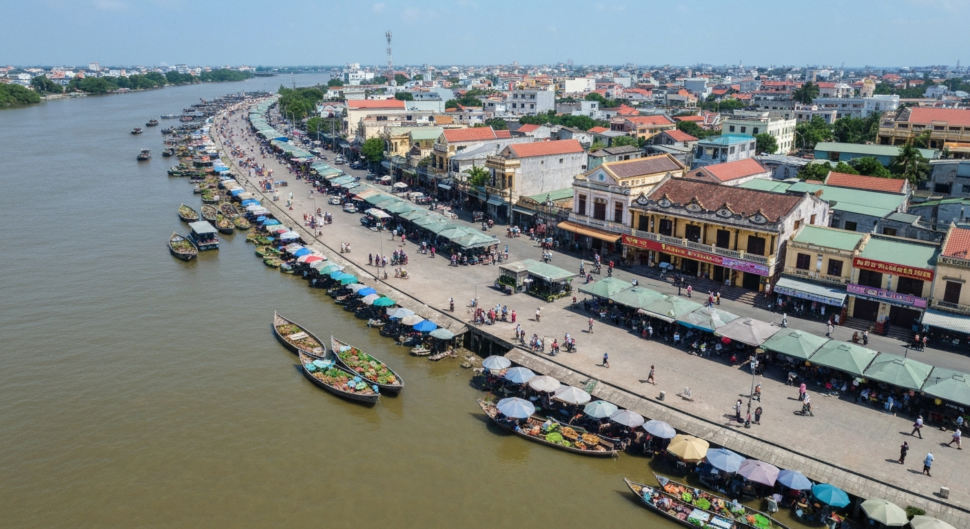 Toàn cảnh thành phố Long Xuyên với sông Hậu, kiến trúc hiện đại và chợ nổi truyền thống